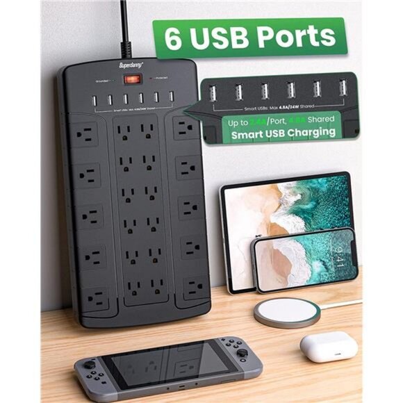 Surge Protector Power Strip, Extension Cord with 22 Outlets, 6.5Ft Flat Plug - Picture 3 of 6